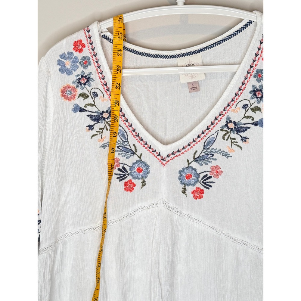 Knox Rose Embroidered Boho Peasant Guaze Top White Floral Large - Picture 3 of 6